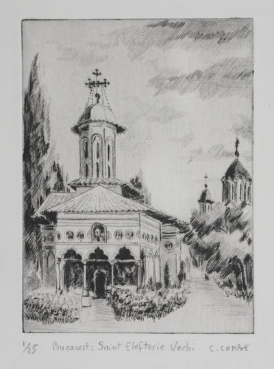 Camille COMBE : Bucarest, Saint Elefterie Vechi, Gravure originale signée