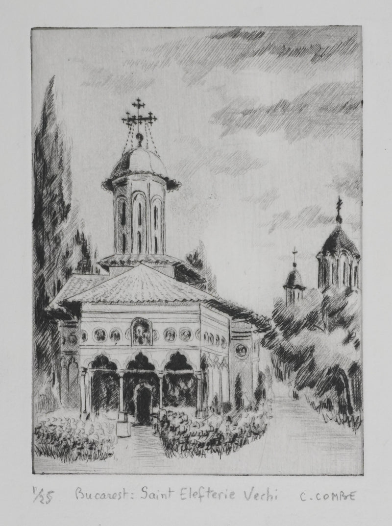 Camille COMBE : Bucarest, Saint Elefterie Vechi, Gravure originale signée