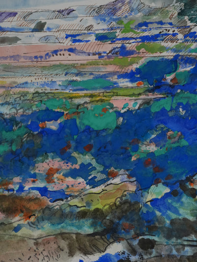 Maurice GENIS : Les champs au pied des collines, Dessin original signé