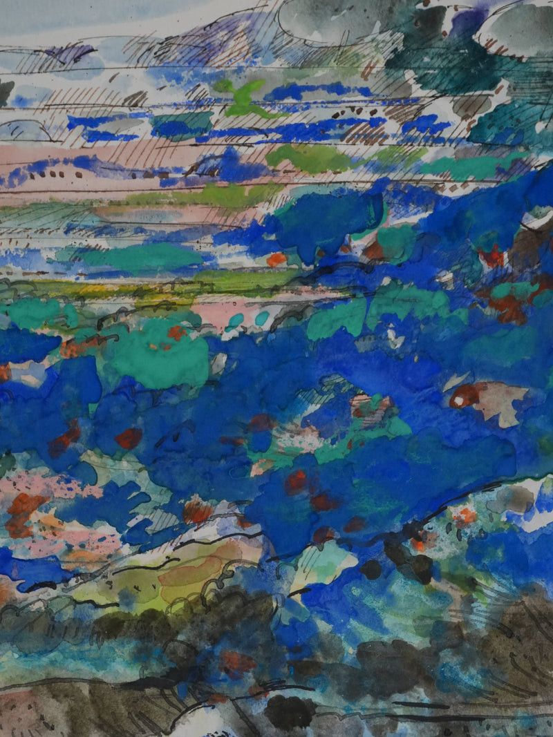 Maurice GENIS : Les champs au pied des collines, Dessin original signé