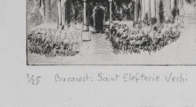 Camille COMBE : Bucarest, Saint Elefterie Vechi, Gravure originale signée