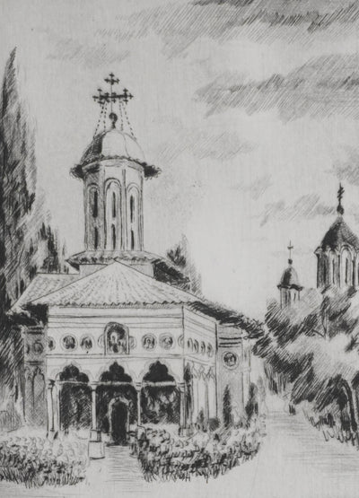 Camille COMBE : Bucarest, Saint Elefterie Vechi, Gravure originale signée