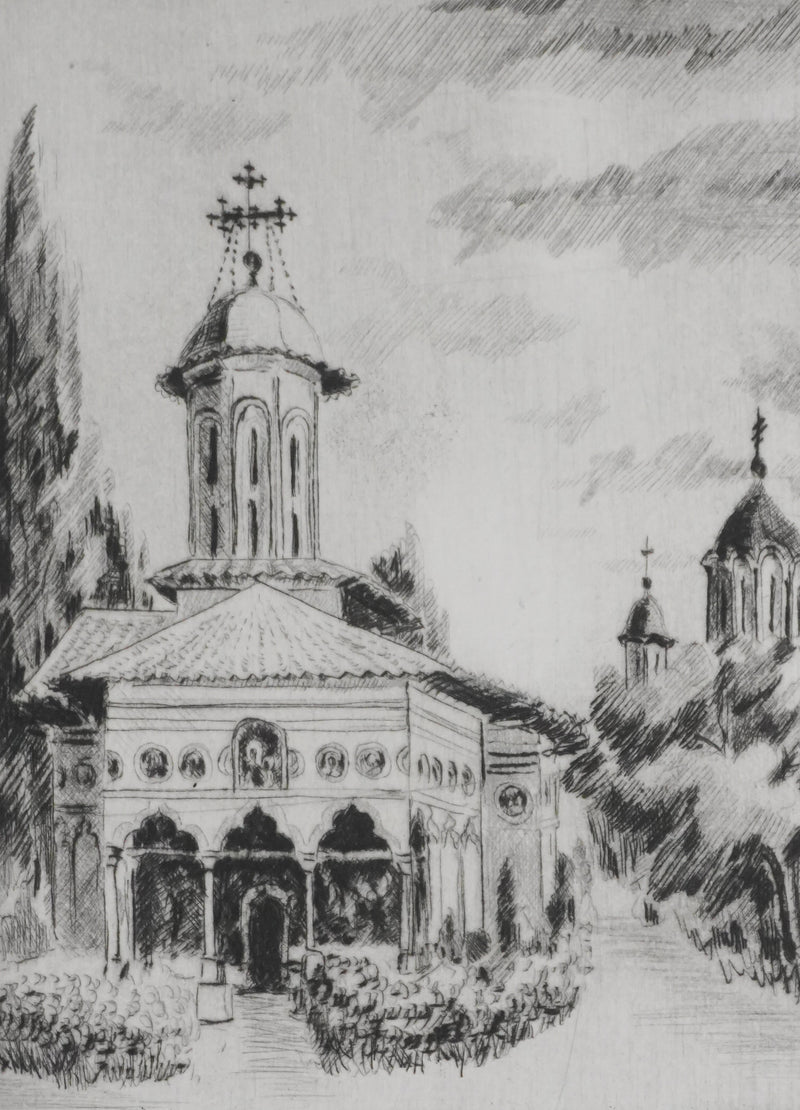 Camille COMBE : Bucarest, Saint Elefterie Vechi, Gravure originale signée