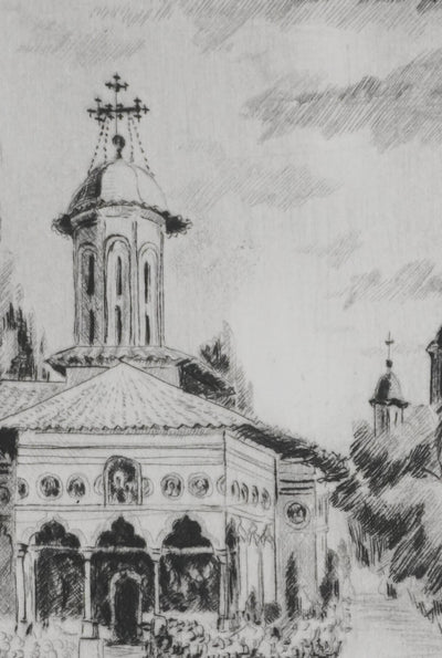 Camille COMBE : Bucarest, Saint Elefterie Vechi, Gravure originale signée