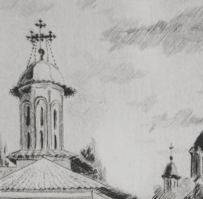 Camille COMBE : Bucarest, Saint Elefterie Vechi, Gravure originale signée