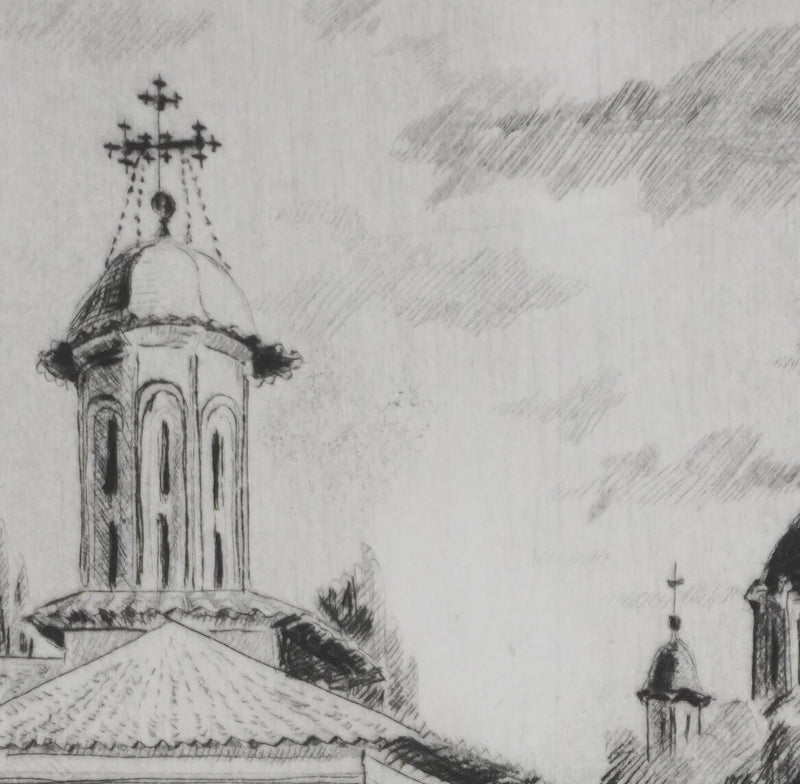 Camille COMBE : Bucarest, Saint Elefterie Vechi, Gravure originale signée
