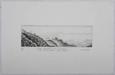 Camille COMBE : Le château de l'Alhambra, Gravure originale signée
