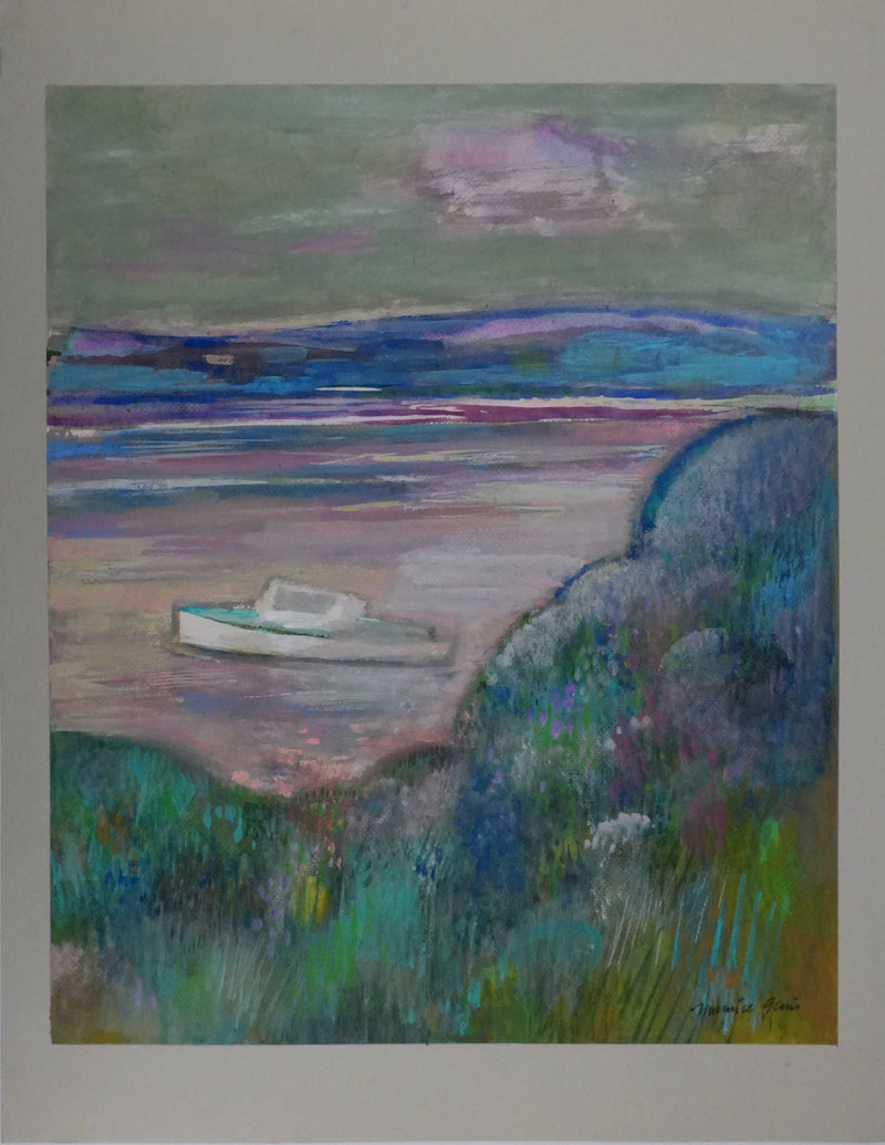 Maurice GENIS : Le bateau au coucher de soleil, Gouache originale signée