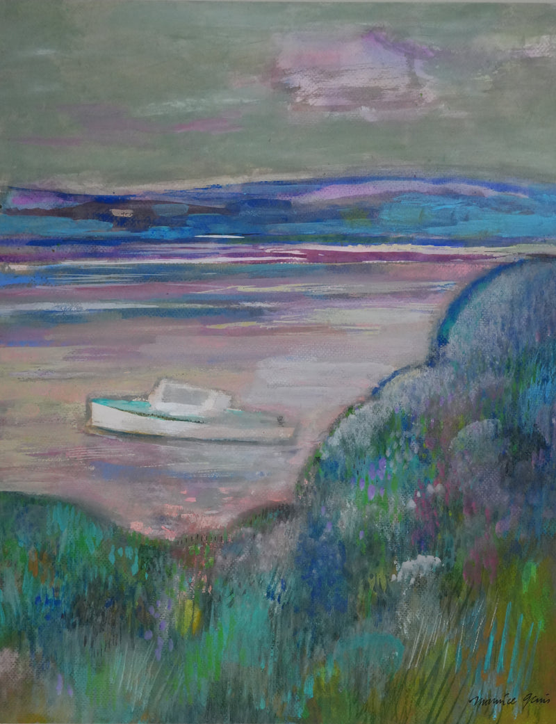 Maurice GENIS : Le bateau au coucher de soleil, Gouache originale signée