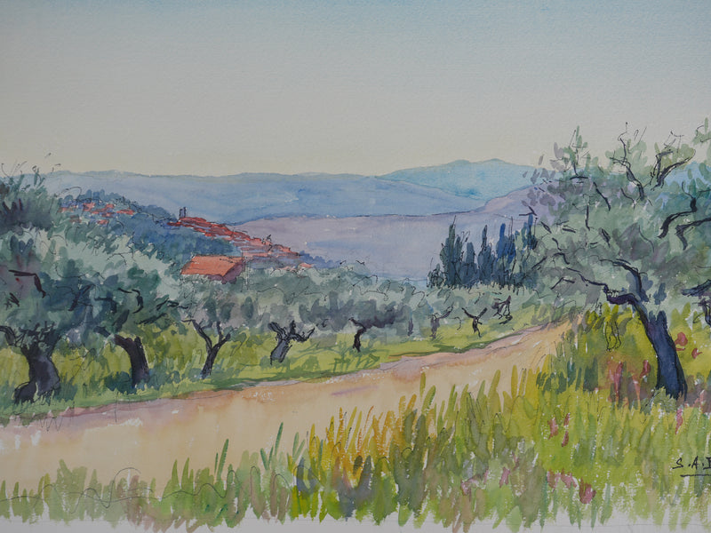 Salomon Alfred BOISECQ : Sentier des oliviers, Aquarelle originale signée
