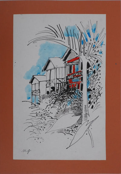 Maurice GENIS : Les petites cabanes, Dessin original signé
