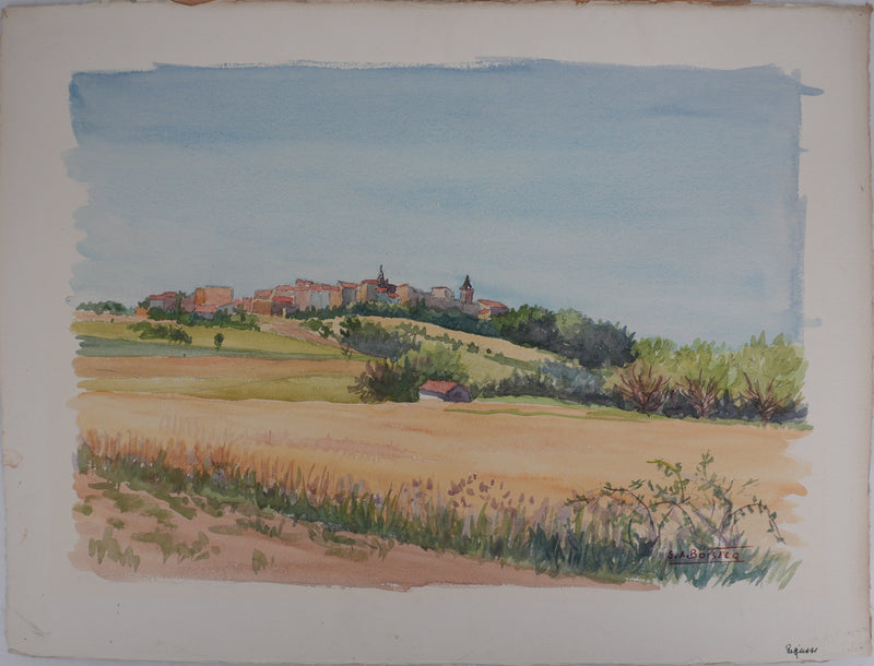 Salomon Alfred BOISECQ : Régusse, Village provençale, Aquarelle originale signée