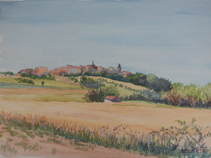Salomon Alfred BOISECQ : Régusse, Village provençale, Aquarelle originale signée