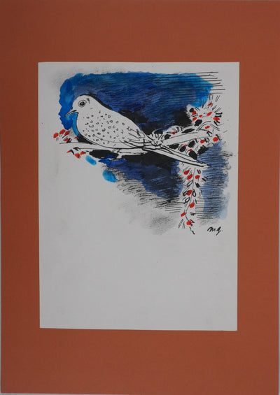Maurice GENIS : Petit oiseau aux fleurs rouges, Dessin original signé