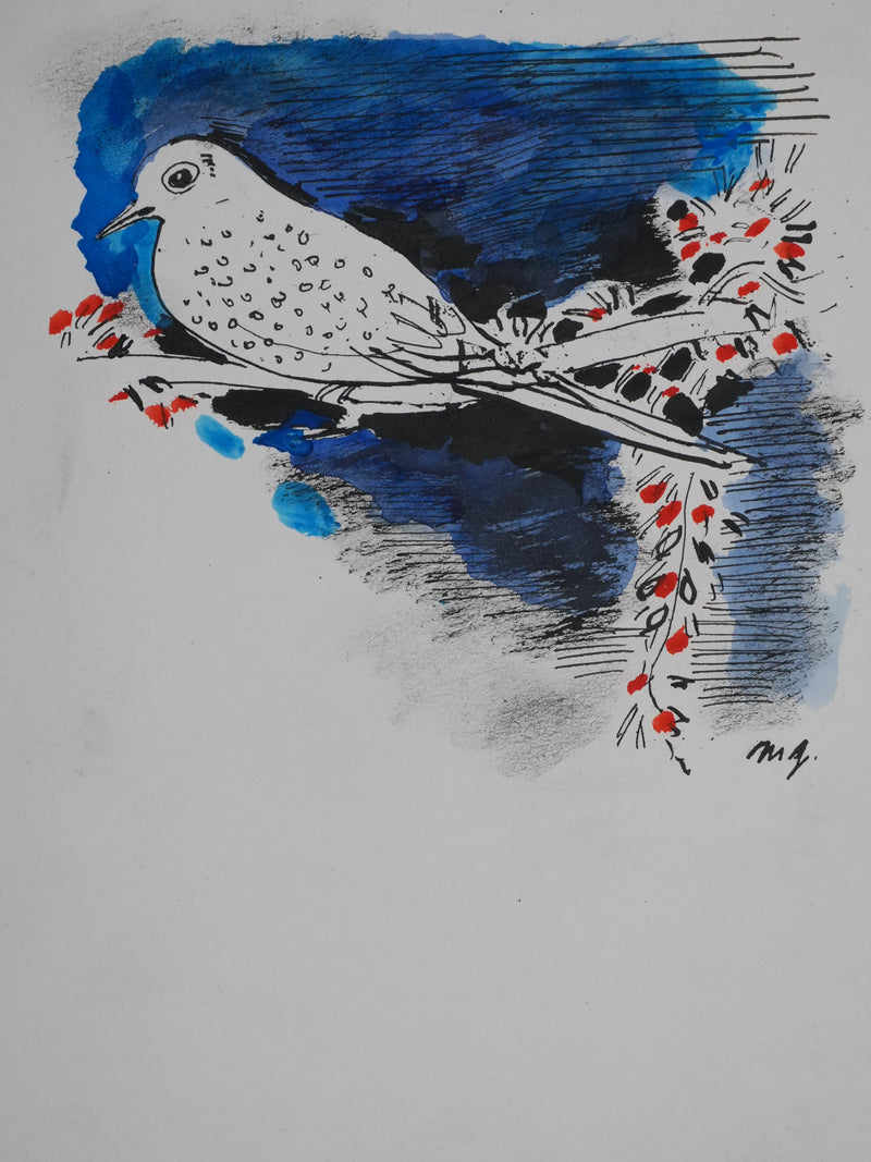 Maurice GENIS : Petit oiseau aux fleurs rouges, Dessin original signé