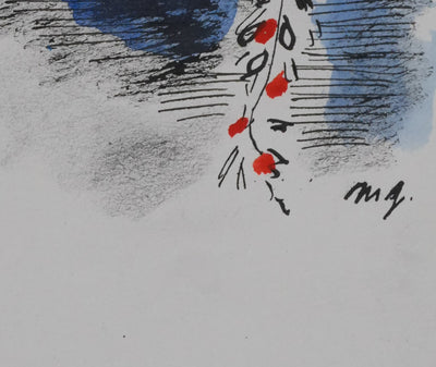 Maurice GENIS : Petit oiseau aux fleurs rouges, Dessin original signé