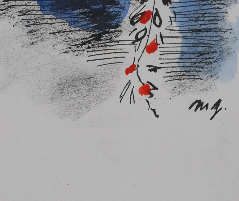 Maurice GENIS : Petit oiseau aux fleurs rouges, Dessin original signé