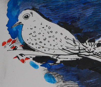 Maurice GENIS : Petit oiseau aux fleurs rouges, Dessin original signé
