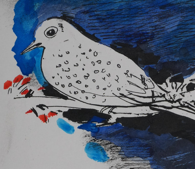 Maurice GENIS : Petit oiseau aux fleurs rouges, Dessin original signé