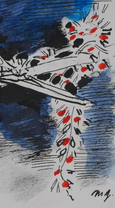 Maurice GENIS : Petit oiseau aux fleurs rouges, Dessin original signé