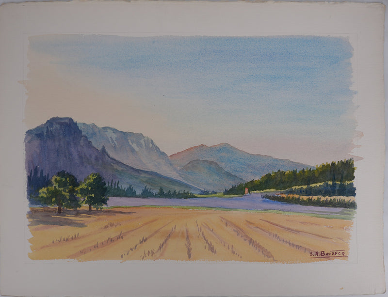 Salomon Alfred BOISECQ : Au pied des montagnes, Aquarelle originale signée