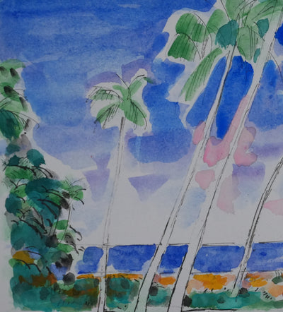 Maurice GENIS : Les palmiers sur la plage, Dessin original signé