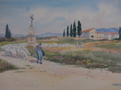 Salomon Alfred BOISECQ : Vaucluse, La bergère et son troupeau, Aquarelle originale signée