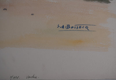 Salomon Alfred BOISECQ : Vaucluse, La bergère et son troupeau, Aquarelle originale signée
