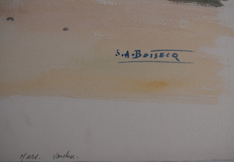 Salomon Alfred BOISECQ : Vaucluse, La bergère et son troupeau, Aquarelle originale signée