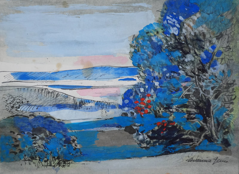 Maurice GENIS : Paysage aux arbustes, Dessin original signé