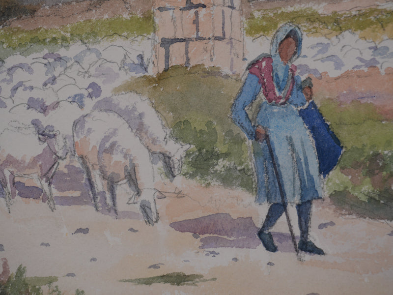 Salomon Alfred BOISECQ : Vaucluse, La bergère et son troupeau, Aquarelle originale signée