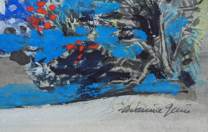 Maurice GENIS : Paysage aux arbustes, Dessin original signé