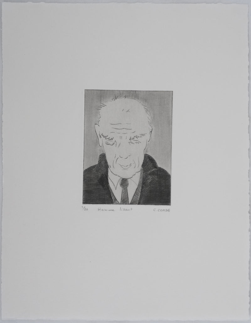 Camille COMBE : Homme lisant, Gravure originale signée