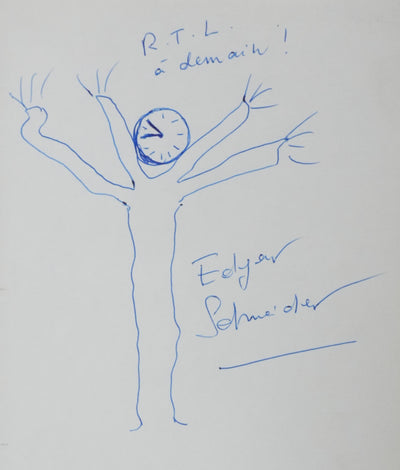 Edgar SCHNEIDER : L'horloge sur l'arbre, Autographe et dessin original signé