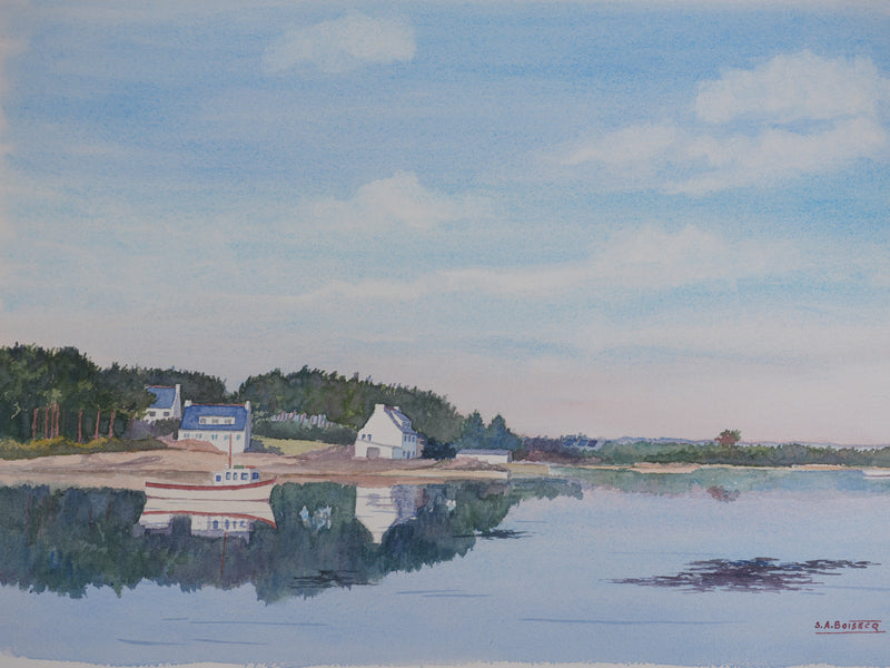 Salomon Alfred BOISECQ : Le bateau sur le lac, Aquarelle originale signée