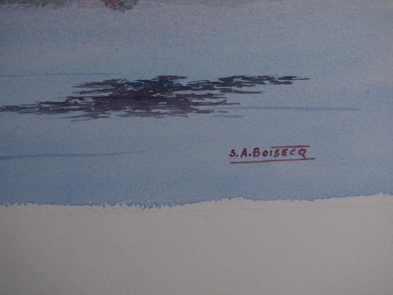 Salomon Alfred BOISECQ : Le bateau sur le lac, Aquarelle originale signée