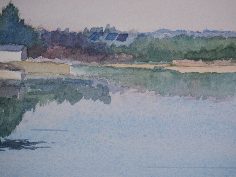 Salomon Alfred BOISECQ : Le bateau sur le lac, Aquarelle originale signée