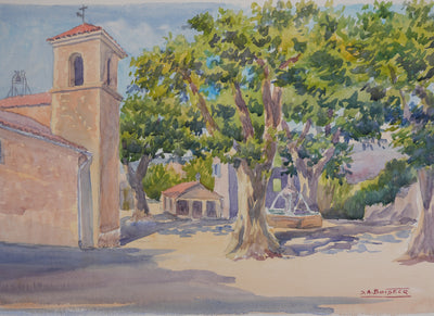 Salomon Alfred BOISECQ : La place de l'église, Aquarelle originale signée