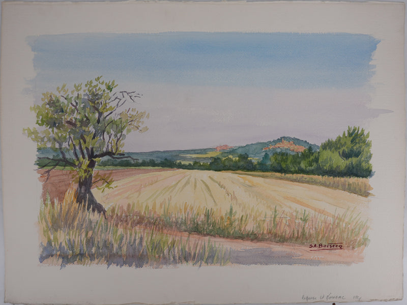 Salomon Alfred BOISECQ : Champs à Régusse, Aquarelle originale signée