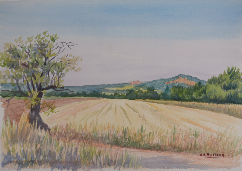 Salomon Alfred BOISECQ : Champs à Régusse, Aquarelle originale signée
