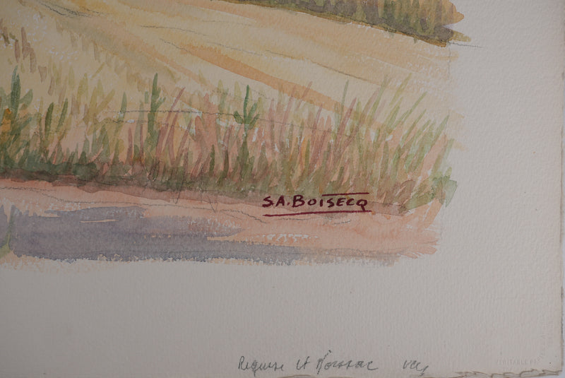 Salomon Alfred BOISECQ : Champs à Régusse, Aquarelle originale signée