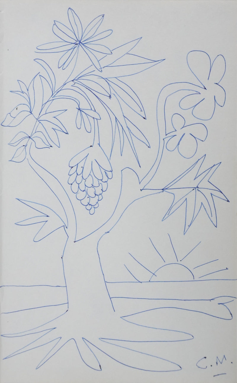 Christian MEGRET : Arbre au coucher de soleil, Autographe et dessin original signé