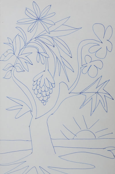 Christian MEGRET : Arbre au coucher de soleil, Autographe et dessin original signé