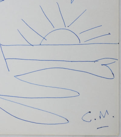 Christian MEGRET : Arbre au coucher de soleil, Autographe et dessin original signé