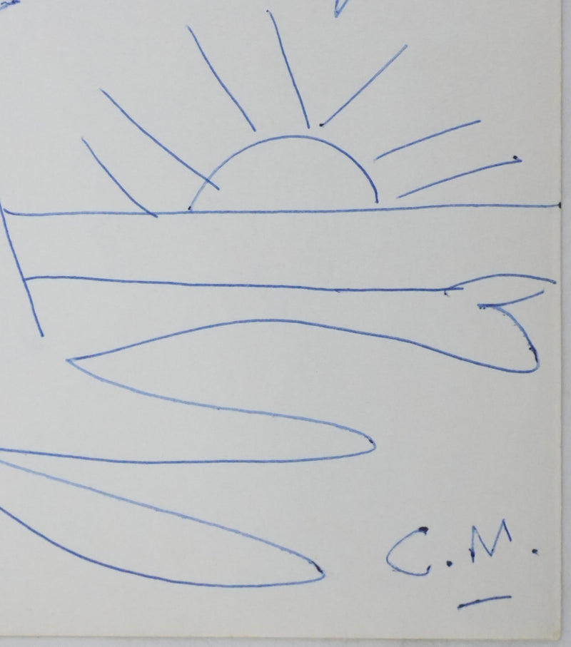 Christian MEGRET : Arbre au coucher de soleil, Autographe et dessin original signé