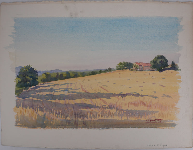 Salomon Alfred BOISECQ : Le champs, Le manoir de Régusse, Aquarelle originale signée