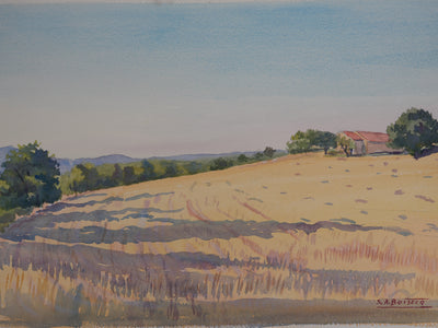 Salomon Alfred BOISECQ : Le champs, Le manoir de Régusse, Aquarelle originale signée