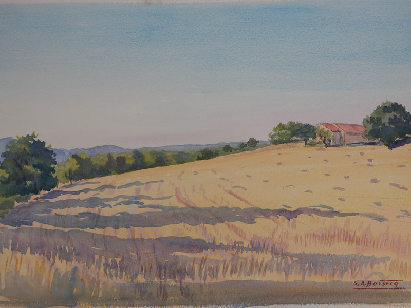 Salomon Alfred BOISECQ : Le champs, Le manoir de Régusse, Aquarelle originale signée