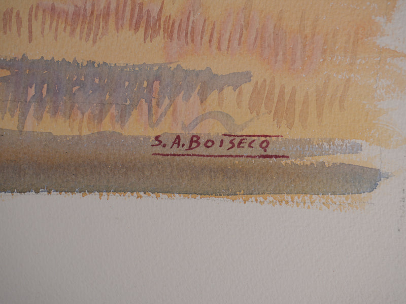 Salomon Alfred BOISECQ : Le champs, Le manoir de Régusse, Aquarelle originale signée