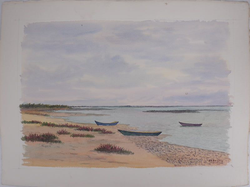 Salomon Alfred BOISECQ : Les petites barques à marée basse, Aquarelle originale signée